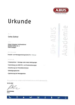 ABUS Akademie Urkunde Produkt- und Montageschulung Kombi Tür und Fenster für Carlos Zultner, Oktober 2026