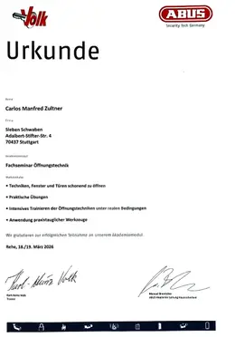 ABUS Akademie Urkunde Fachseminar Öffnungstechnik für Carlos Zultner, März 2026