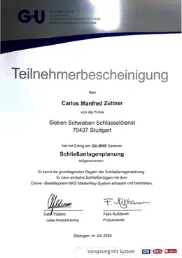 GU-BKS Teilnehmerbescheinigung Schließanlagenplanung für Carlos Zultner, Juli 2026