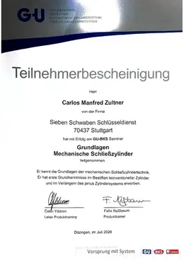 GU-BKS Teilnehmerbescheinigung mechanische Schließzylinder für Carlos Zultner, Juli 2026