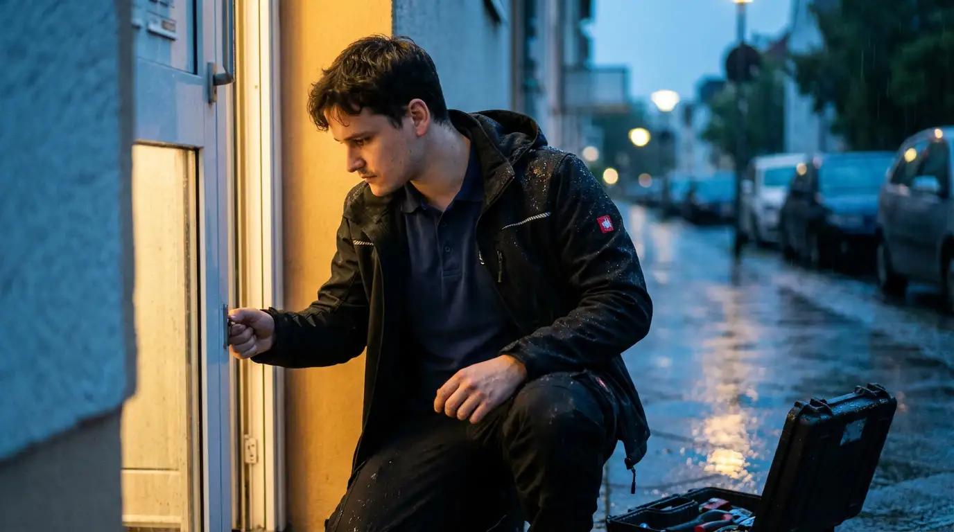 Carlos Zultner öffnet abends im Regen eine Haustür