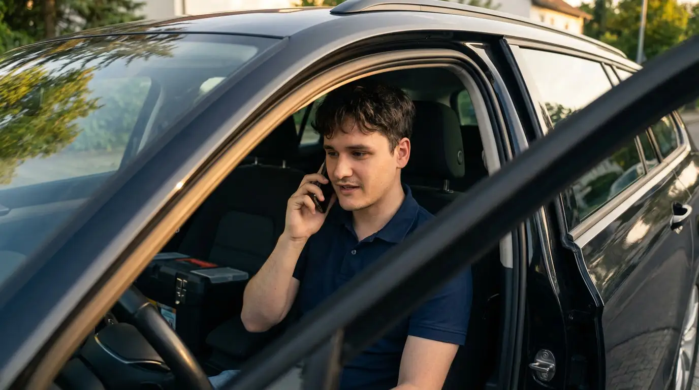 Carlos Zultner telefoniert vor einem Einsatz im Auto