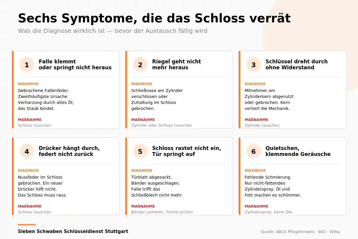 Verschlissenes Einsteckschloss mit gebrochener Fallenfeder als typisches Defektbild