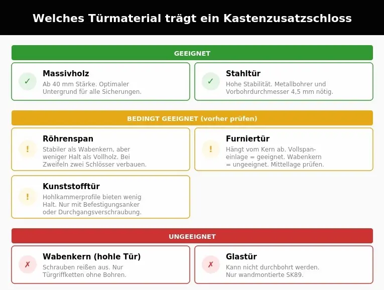 Montage eines Kastenzusatzschlosses mit Schwerlastdübeln in verschiedenen Türmaterialien